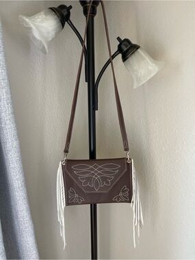 Handmade Brown Leather Crossbody Bag with White Fringe and White Stitching